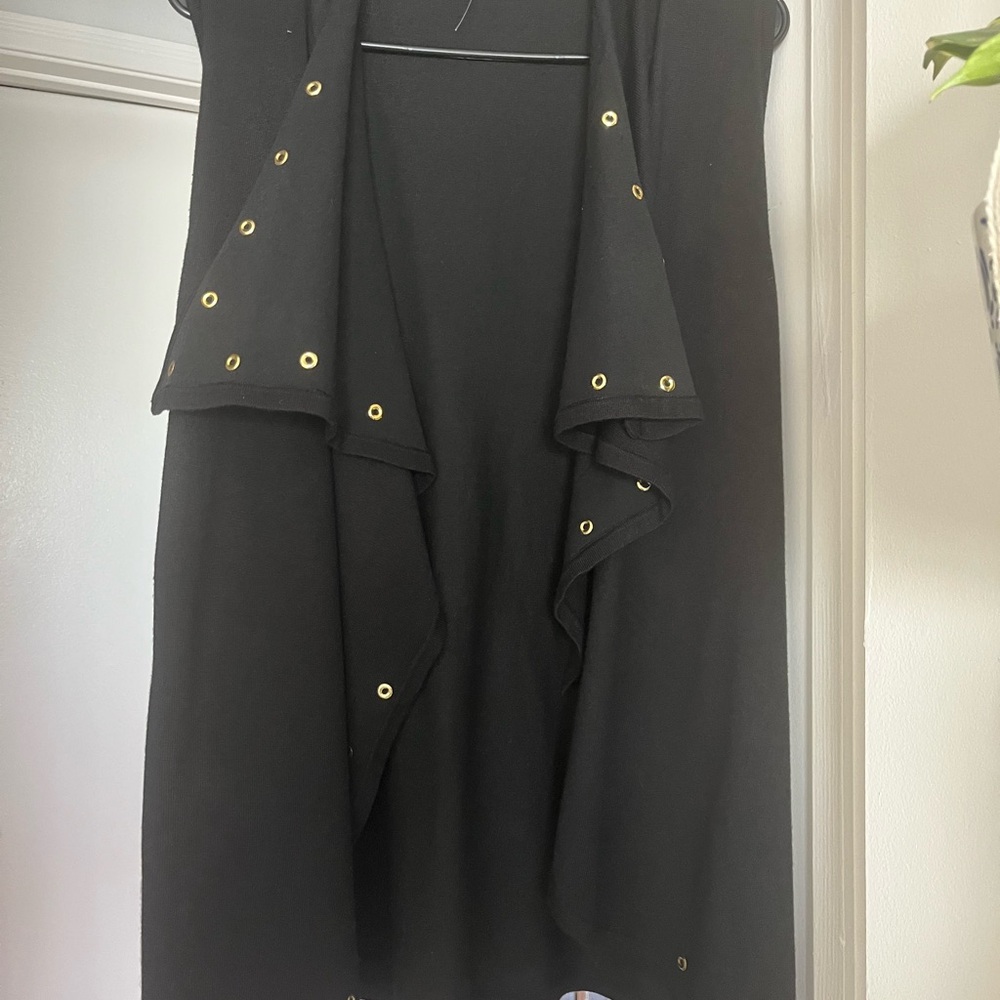 Black Sleeveless Cardigan with Gold Accents